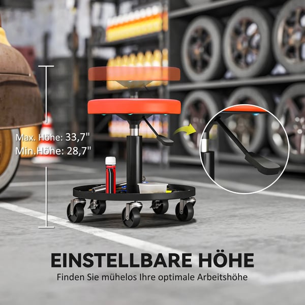 Verkstadspall med hjul, orange, stål, höjdjusterbar 38-50 cm, max 135 kg