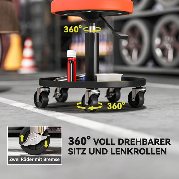 Verkstadspall med hjul, orange, stål, höjdjusterbar 38-50 cm, max 135 kg