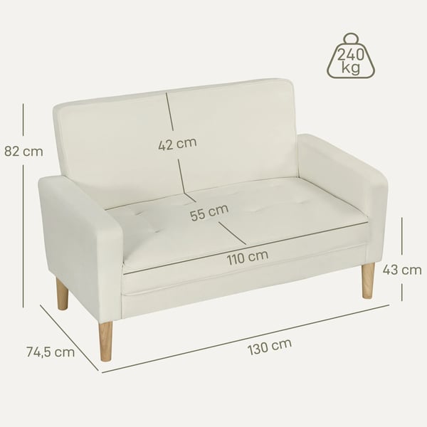 2-sitssoffa i sammet, krämvit, polyester, med gummiträben för vardagsrum, sovrum