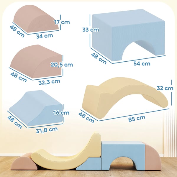 5 stk skumklodser m. kordfløjl, legesæt til børn, kravle, klatre, bygge, sikker, letvægt, Blå/Pink/Beige