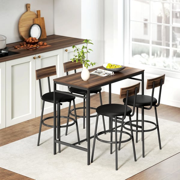 5-delars barbordsset med 4 stolar, industriell design, för kök, matsal, trä, stål, brun