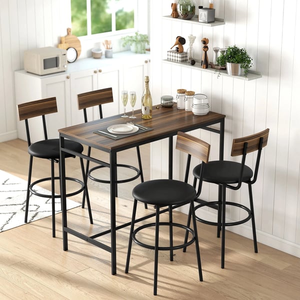 5-delars barbordsset med 4 stolar, industriell design, för kök, matsal, trä, stål, brun