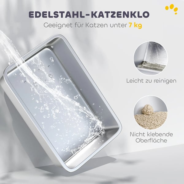 Kattebakke med Låg, Rustfrit Stål/Plast, Hvid, Front- og Topindgang, Inkl. Skovl