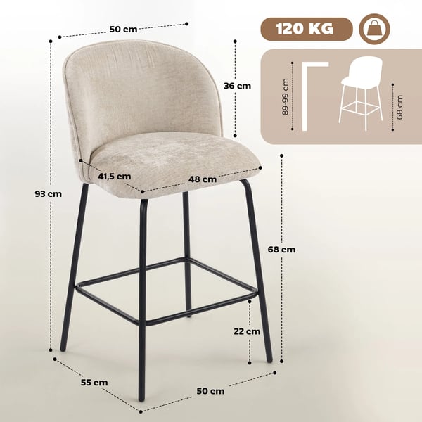 2-pack barstolar, klädda köksstolar i beige polyester med stålben och ryggstöd