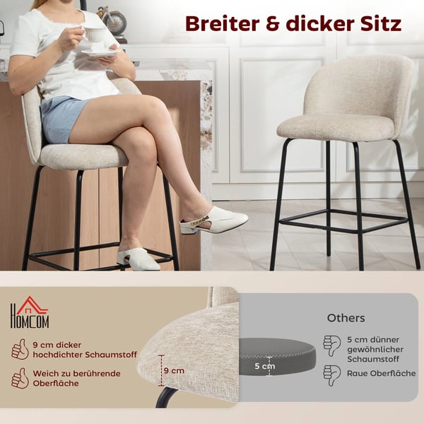 2-pack barstolar, klädda köksstolar i beige polyester med stålben och ryggstöd