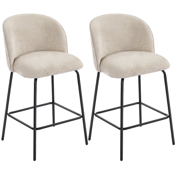 2-pack barstolar, klädda köksstolar i beige polyester med stålben och ryggstöd 2-pack barstolar, klädda köksstolar i beige polyester med stålben och ryggstöd