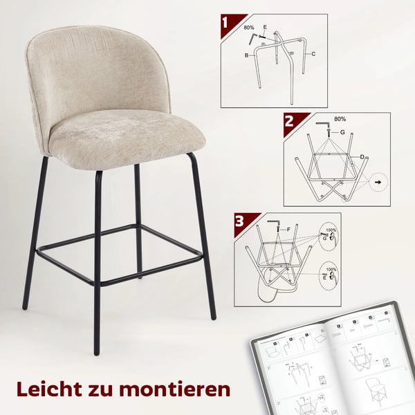 2-pack barstolar, klädda köksstolar i beige polyester med stålben och ryggstöd