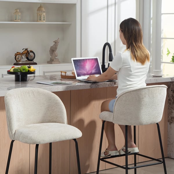 2-pack barstolar, klädda köksstolar i beige polyester med stålben och ryggstöd