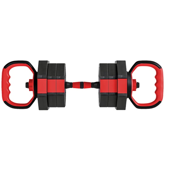 Justerbart 4-i-1 V`egts`t - 15kg Håndvægte, Vægtstang & Kettlebell - Rød Plastik