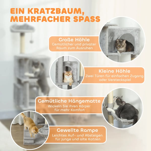 Kradsetræ til Katte 140 cm - Lysegrå Polyester Tårn med Hule, Hængekøje & Sisalstolper