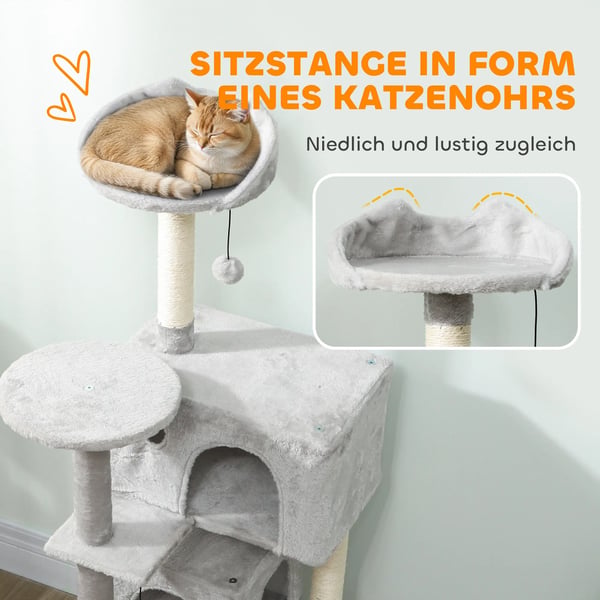 Kradsetræ til Katte 140 cm - Lysegrå Polyester Tårn med Hule, Hængekøje & Sisalstolper