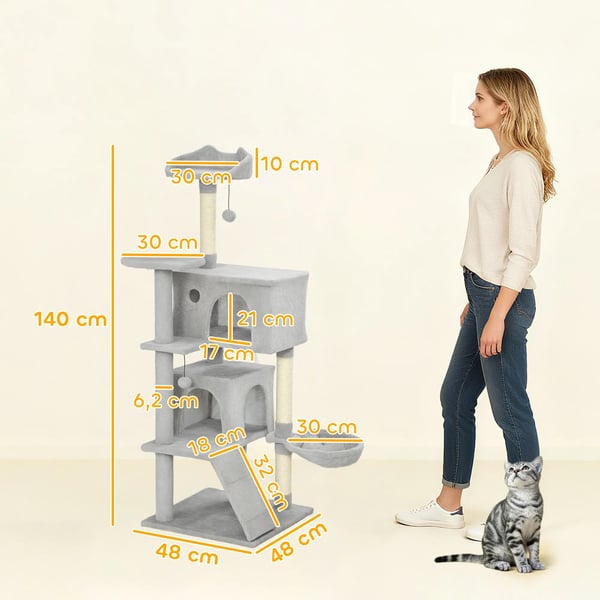 Kradsetræ til Katte 140 cm - Lysegrå Polyester Tårn med Hule, Hængekøje & Sisalstolper