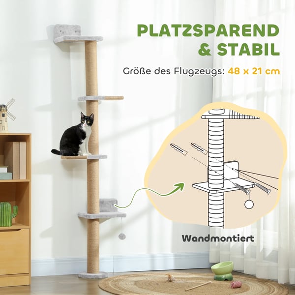 Kl&ouml;str&aringd v&auml;ggmonterad kattleksak, 5-stegs kl&ouml;str&aringstr&auml;d med plysch och sisal, Ljusgr&aring
