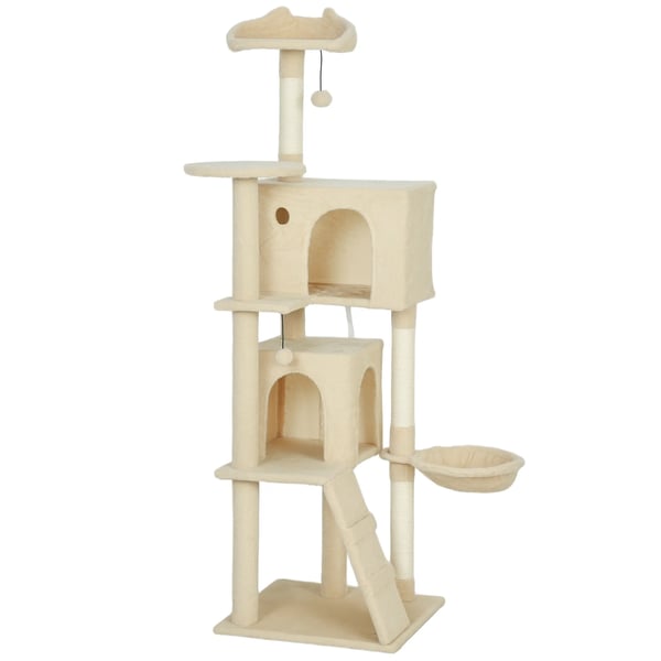 Katte Tårn 160cm Beige Polyester - Med Hængekøje, Stige, Hule & Plysbolde - Ideel til Indendørs Brug