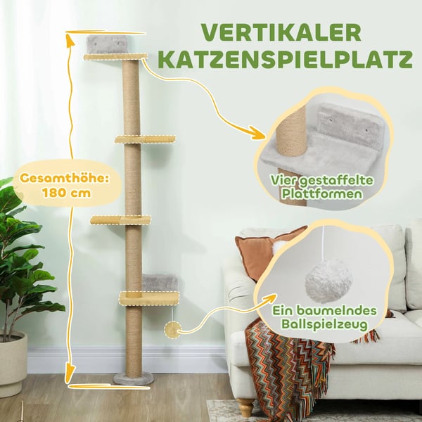 Kl&ouml;str&aringd v&auml;ggmonterad kattleksak, 5-stegs kl&ouml;str&aringstr&auml;d med plysch och sisal, Ljusgr&aring