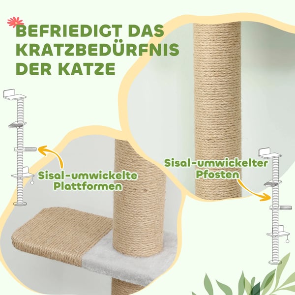 Kl&ouml;str&aringd v&auml;ggmonterad kattleksak, 5-stegs kl&ouml;str&aringstr&auml;d med plysch och sisal, Ljusgr&aring
