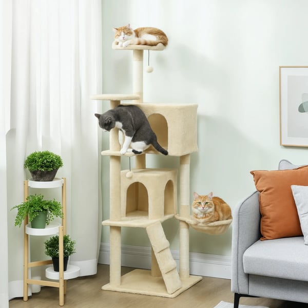 Katte Tårn 160cm Beige Polyester - Med Hængekøje, Stige, Hule & Plysbolde - Ideel til Indendørs Brug