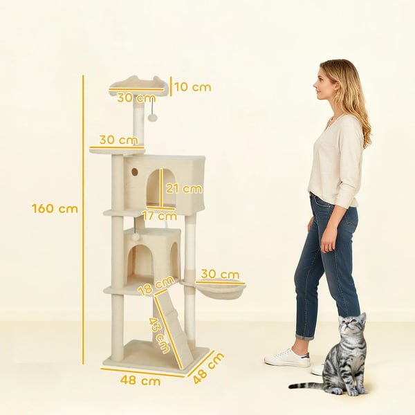 Katte Tårn 160cm Beige Polyester - Med Hængekøje, Stige, Hule & Plysbolde - Ideel til Indendørs Brug