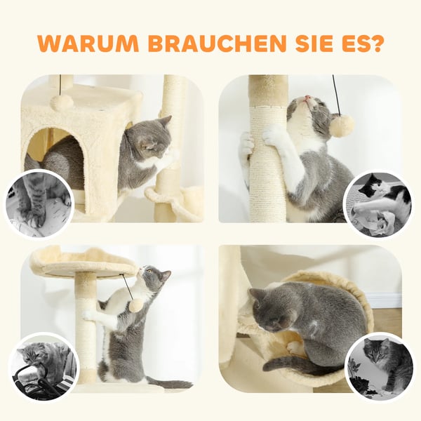 Katte Tårn 160cm Beige Polyester - Med Hængekøje, Stige, Hule & Plysbolde - Ideel til Indendørs Brug