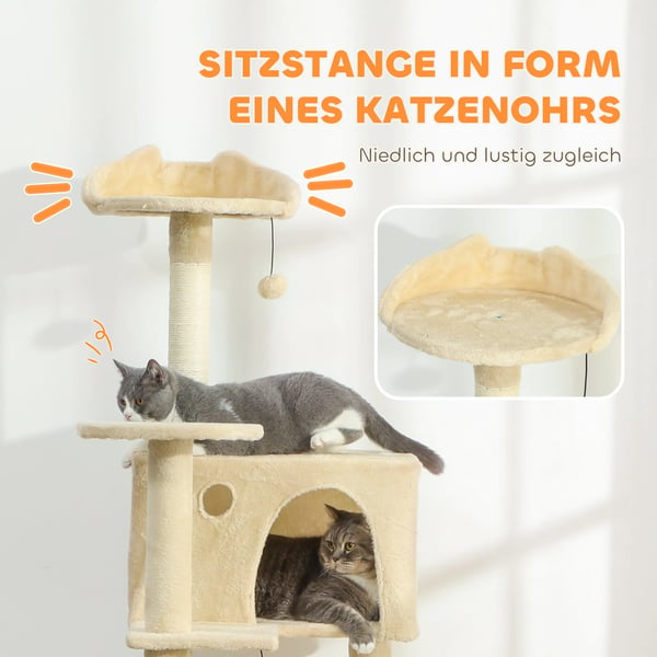 Katte Tårn 160cm Beige Polyester - Med Hængekøje, Stige, Hule & Plysbolde - Ideel til Indendørs Brug