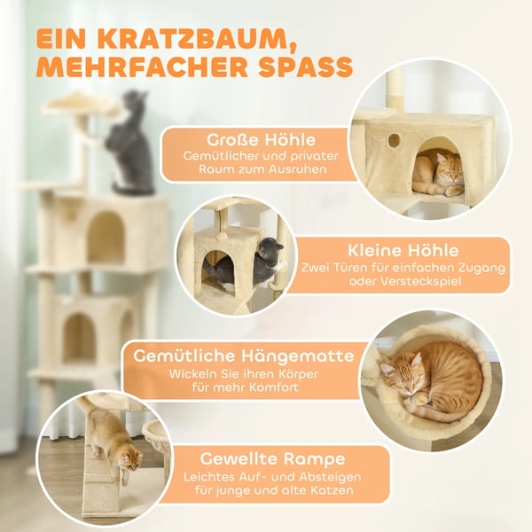 Katte Tårn 160cm Beige Polyester - Med Hængekøje, Stige, Hule & Plysbolde - Ideel til Indendørs Brug