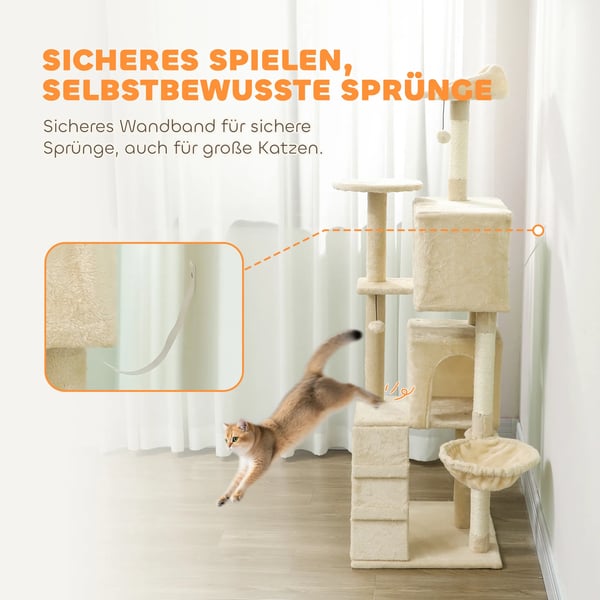 Katte Tårn 160cm Beige Polyester - Med Hængekøje, Stige, Hule & Plysbolde - Ideel til Indendørs Brug