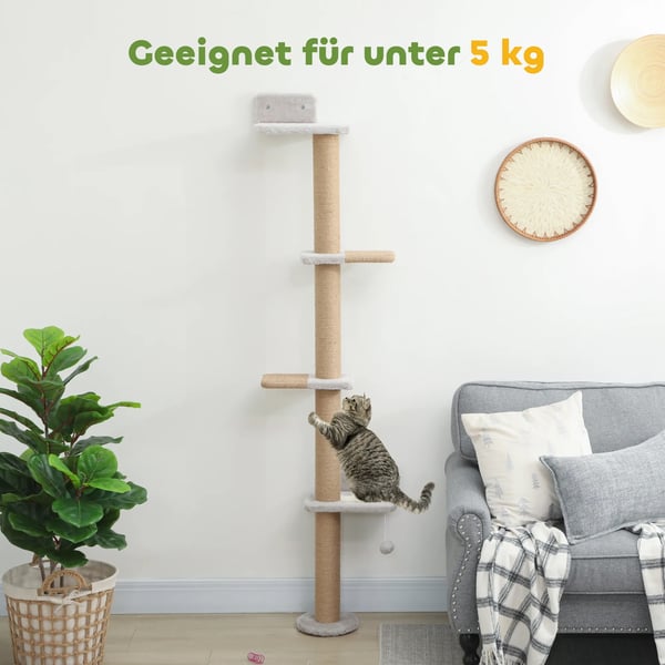 Kl&ouml;str&aringd v&auml;ggmonterad kattleksak, 5-stegs kl&ouml;str&aringstr&auml;d med plysch och sisal, Ljusgr&aring