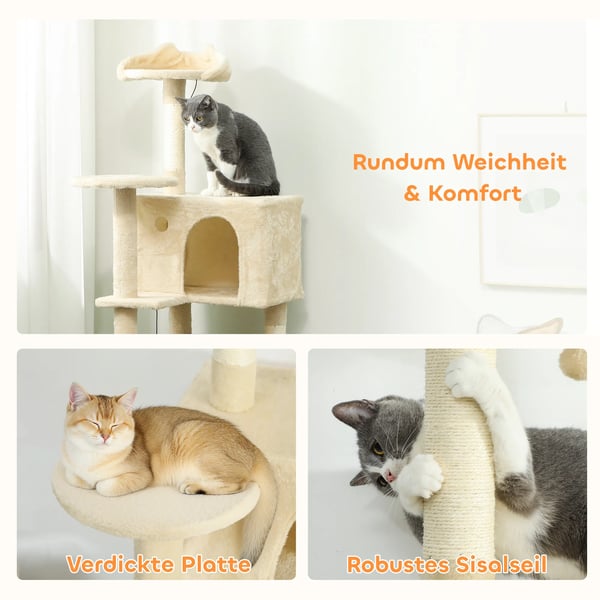 Katte Tårn 160cm Beige Polyester - Med Hængekøje, Stige, Hule & Plysbolde - Ideel til Indendørs Brug