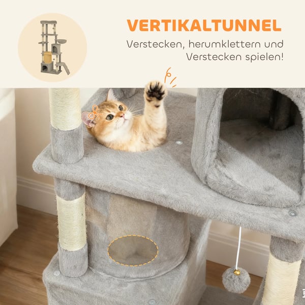 Klösträd för katter, 170 cm, ljusgrå, polyester/sisal, med tunnel och bon
