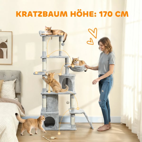 Klösträd för katter, 170 cm, ljusgrå, polyester/sisal, med tunnel och bon