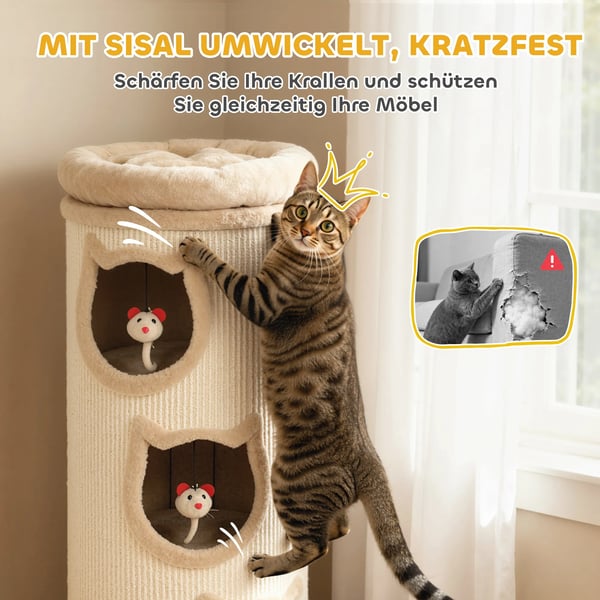 Kattetræ, 96 cm, 4-etagers med vaskbart leje, 3 sovehuler, legetøj, unisex, Crem Hvid/Beige