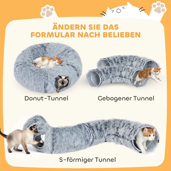 Kattunnel med kudde, hopfällbar, plysch, ljusgrå