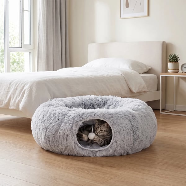 Kattunnel med kudde, hopfällbar, plysch, ljusgrå