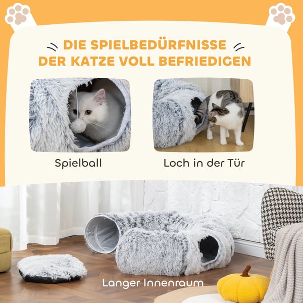 Kattunnel med kudde, hopfällbar, plysch, ljusgrå