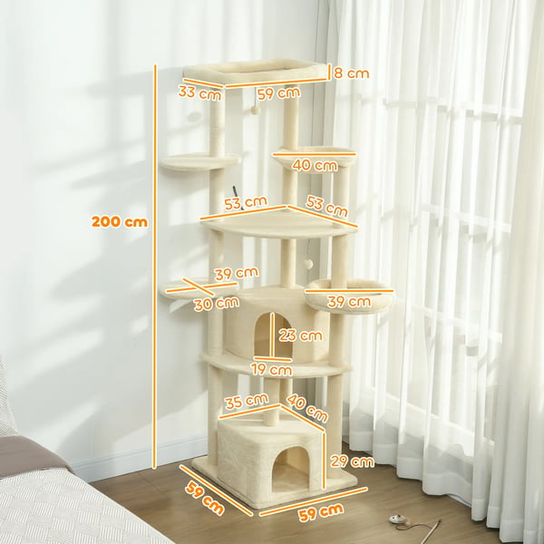 Kradsetræ til Katte 200cm Beige Poly 2-3 Katte Mülti-etage med Huler, Hængekøje Sisal PlyS