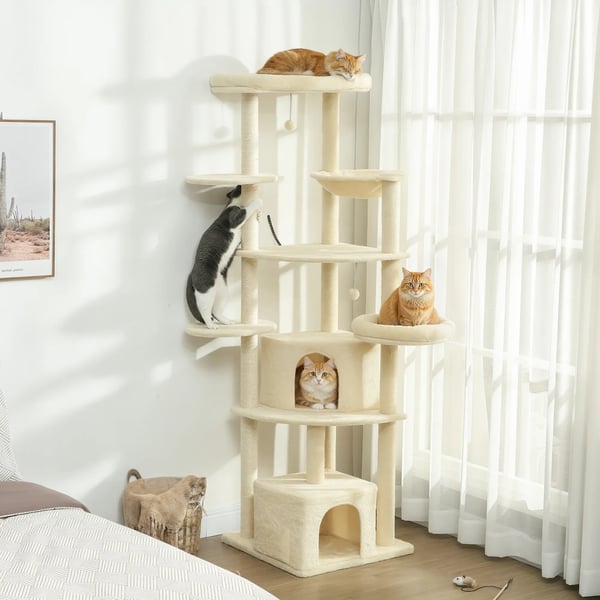 Kradsetræ til Katte 200cm Beige Poly 2-3 Katte Mülti-etage med Huler, Hængekøje Sisal PlyS