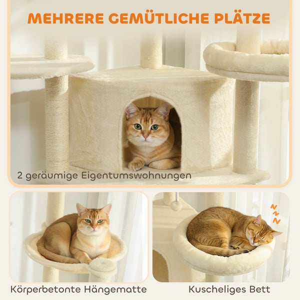 Kradsetræ til Katte 200cm Beige Poly 2-3 Katte Mülti-etage med Huler, Hængekøje Sisal PlyS
