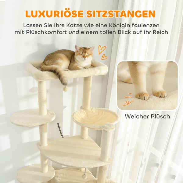 Kradsetræ til Katte 200cm Beige Poly 2-3 Katte Mülti-etage med Huler, Hængekøje Sisal PlyS