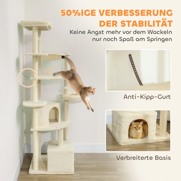 Kradsetræ til Katte 200cm Beige Poly 2-3 Katte Mülti-etage med Huler, Hængekøje Sisal PlyS