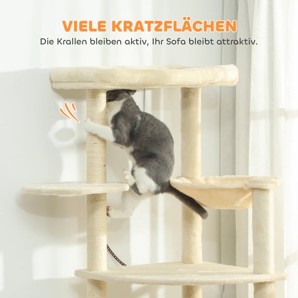 Kradsetræ til Katte 200cm Beige Poly 2-3 Katte Mülti-etage med Huler, Hængekøje Sisal PlyS
