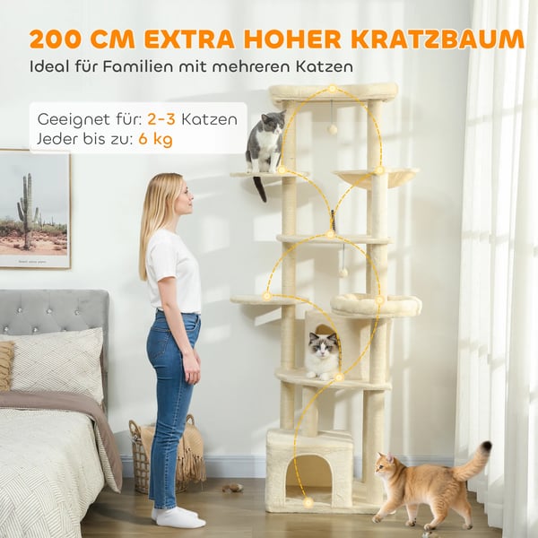 Kradsetræ til Katte 200cm Beige Poly 2-3 Katte Mülti-etage med Huler, Hængekøje Sisal PlyS