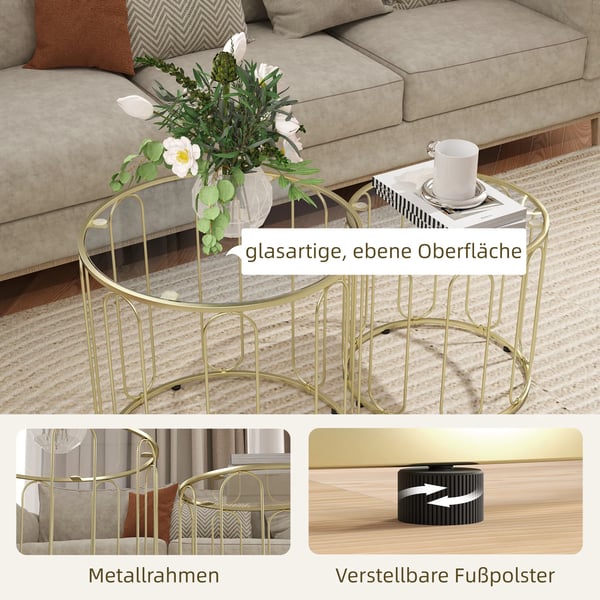 2-pak glasborde, guldfarvet metalstel, kan stables