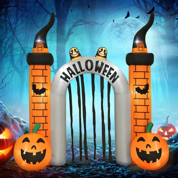 Uppblåsbar Halloween-portal, pumpadesign, LED, pinnar, polyester