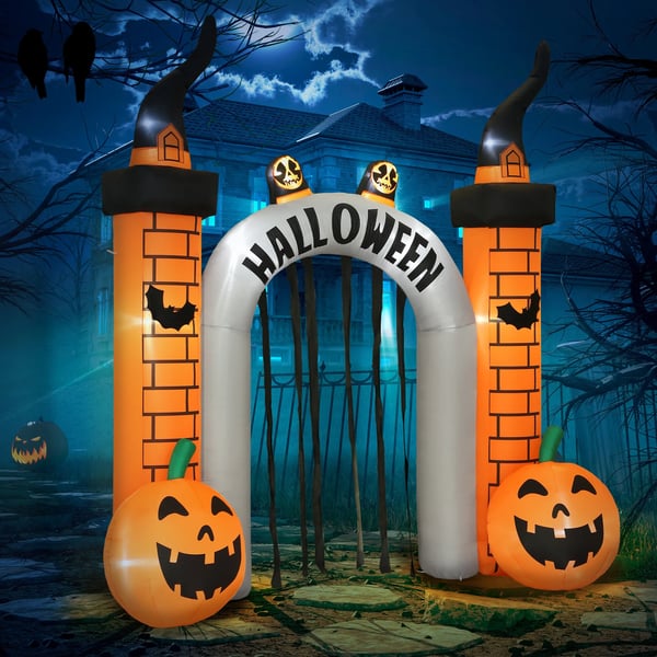 Uppblåsbar Halloween-portal, pumpadesign, LED, pinnar, polyester