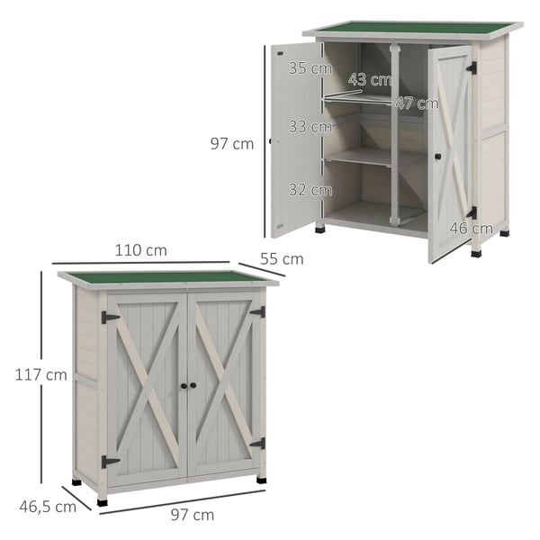 haveskab i træ, grå, 110 x 55 x 117 cm - Opbevaringsløsning til haven