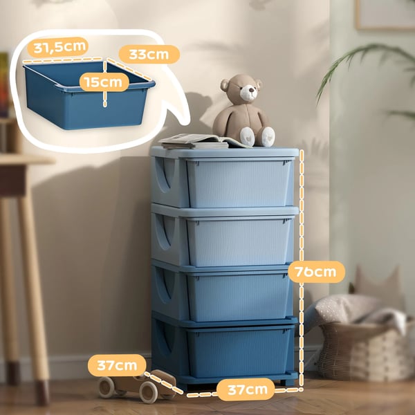 Børnekommode, 4 skuffer, legetøjsorganisator, opbevaring til børneværelse, blå, plastik