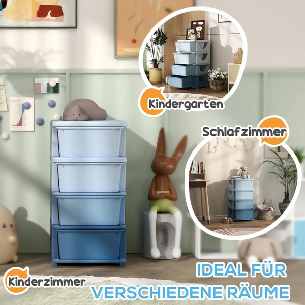 Børnekommode, 4 skuffer, legetøjsorganisator, opbevaring til børneværelse, blå, plastik