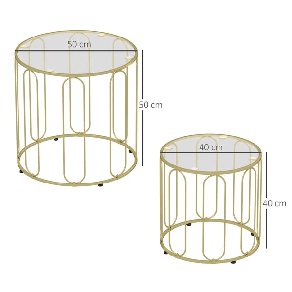 2-pak glasborde, guldfarvet metalstel, kan stables