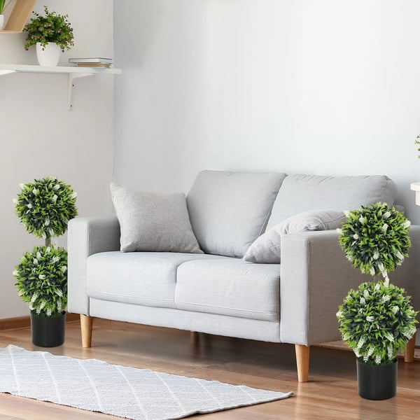 2-pack Konstgjorda Lavendelträd – 70 cm Höjd, UV-beständig Plast och Metall, Vita Blommor i Cementkrukor för Inomhus/Utomhusbruk
