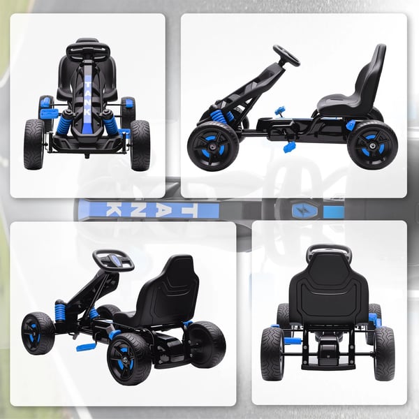 Gokart med pedaler til børn, blå, frihjul, bremse, skridsikre hjul, metalramme, 3-6 år
